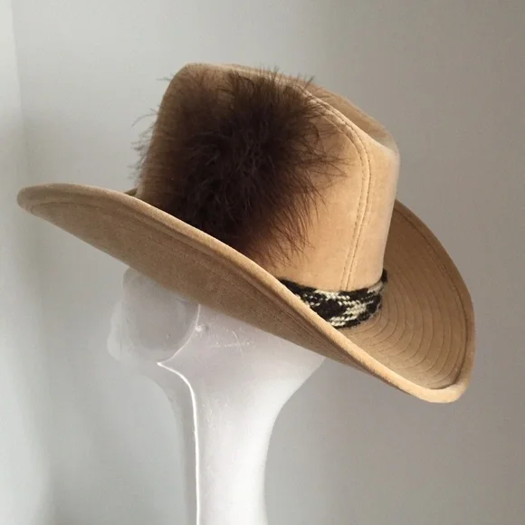 Vintage Womens Stetson Cowboy Western Hat Corduroy Cotton Feather Beige 6-3/4 - Picture 3 of 12